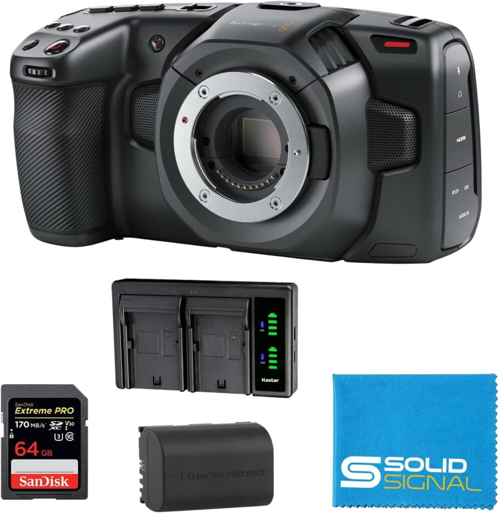 Blackmagic Design Pocket Cinema Camera 4K Bundle – Includes SanDisk Extreme Pro 64GB SDXC Card, Additional LP-E6 Battery, Dual Battery Charger, and SolidSignal Microfiber Cloth